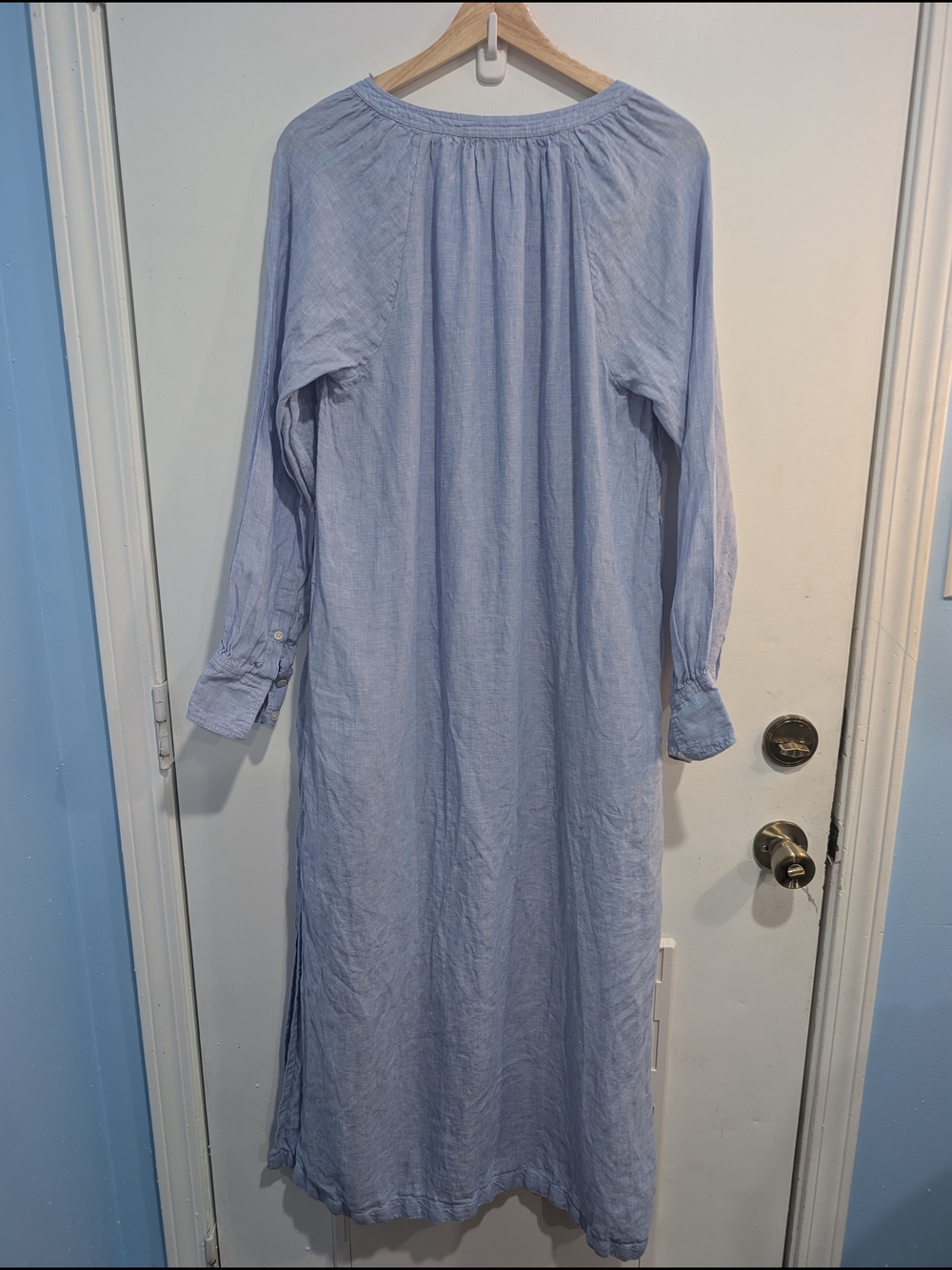 J. Crew Cabana Blue Long-Sleeve Linen Maxi Dress Pockets Medium *Missing Belt - Picture 5 of 8